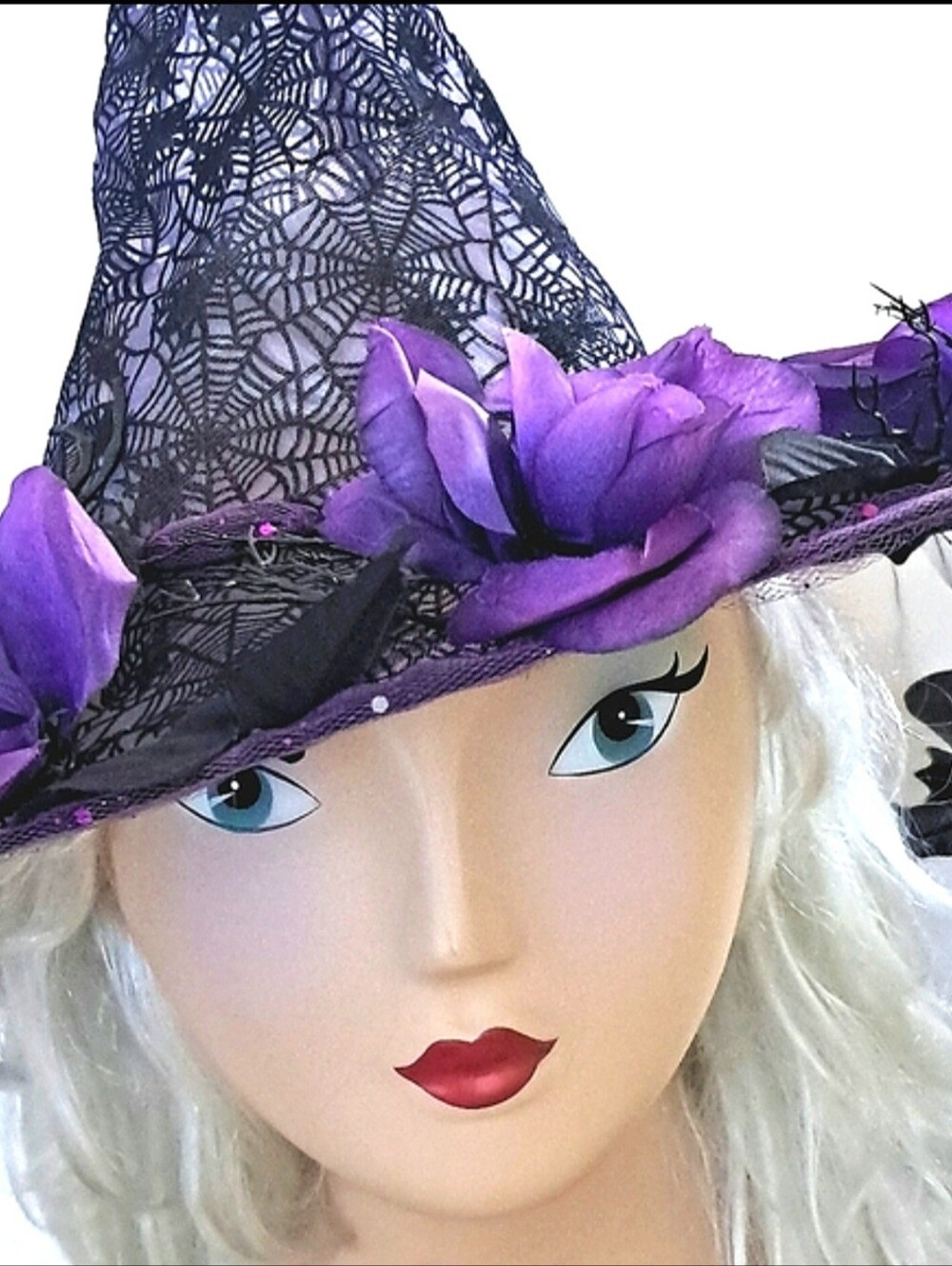 Glam Witch Halloween Hat Royal Purple Roses Black Spiders Bats Branches Sexy